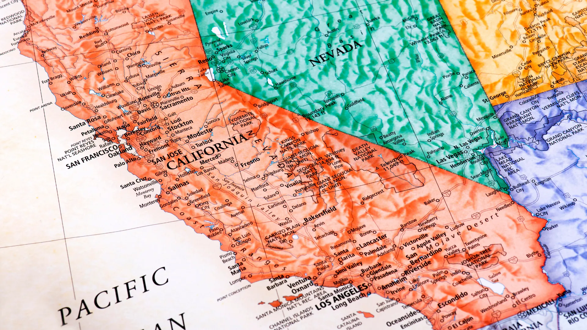 The sate on California on map depicting the west coast