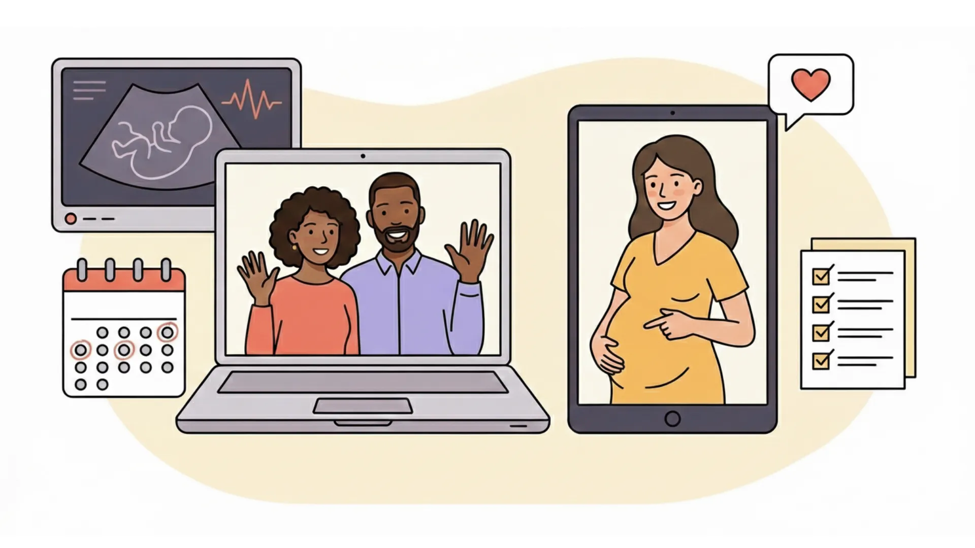 illustration showing how intended parents stay involved during pregnancy in a surrogacy journey with updates, appointments, and communication milestones